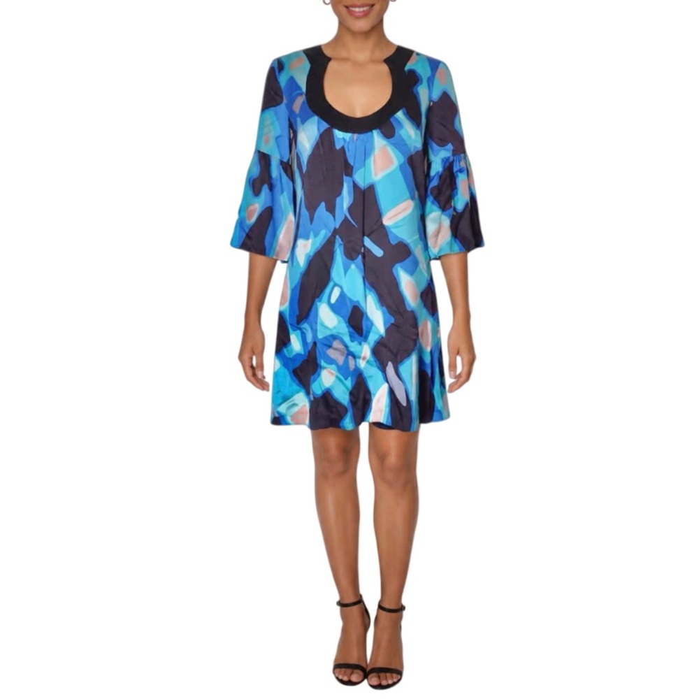 Trina Turk Dress Silk Scoop Neck Geometric Print Bell Sleeve Dress Size 0